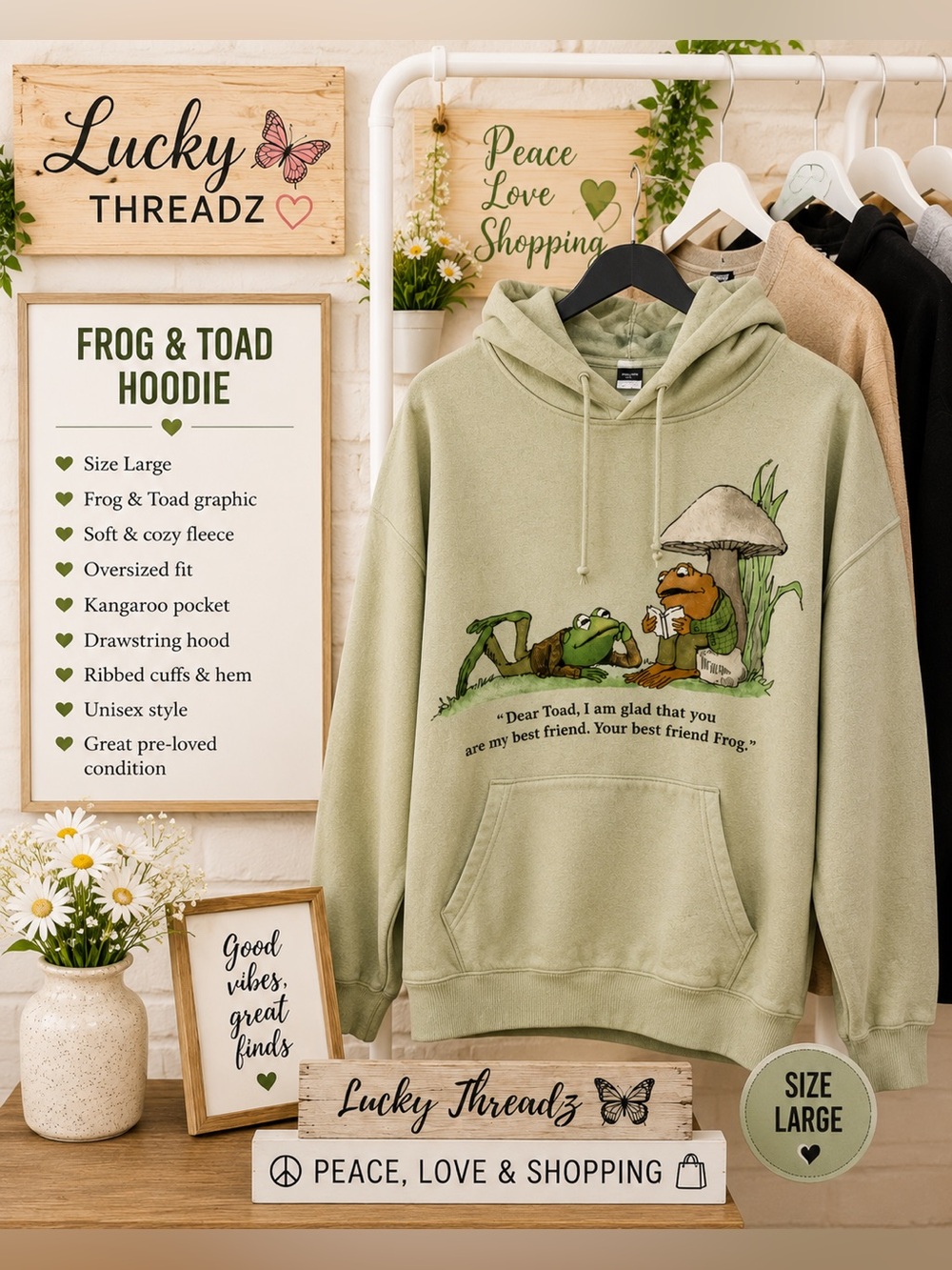 Frog & Toad Graphic Hoodie - Sage Green size large